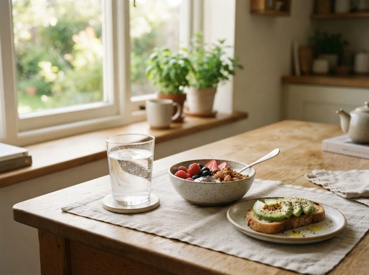 Glass of water and capsule on a light breakfast table